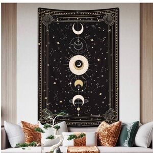Celestial Moon Black and Gold Wall Tapestry